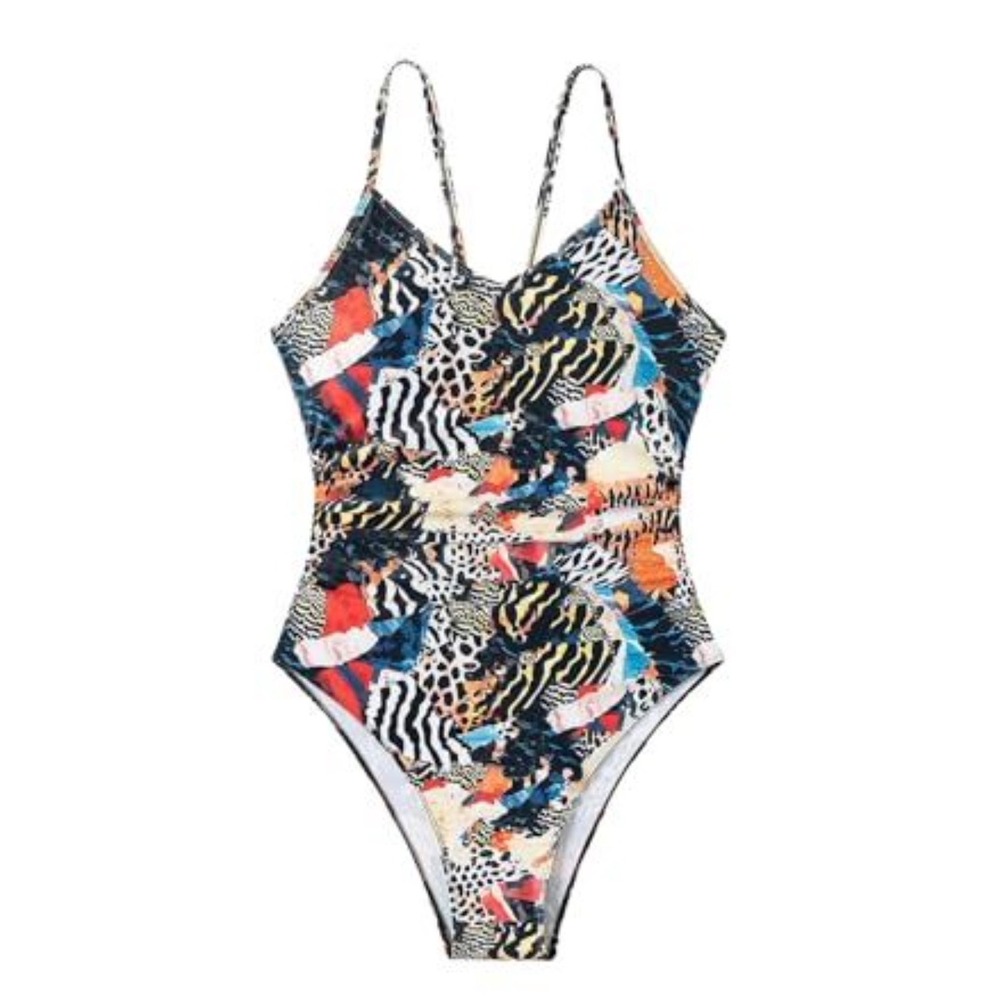 Milumia Womens Boho Animal Print One Piece Swimsuit Cutout Back Black Multi XL